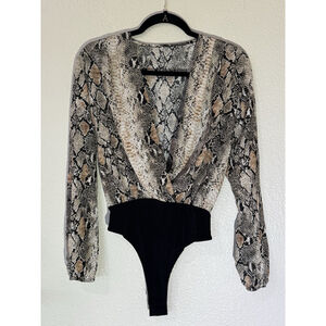Snakeskin Print Bodysuit Deep V Neck Long Sleeve Chico Night Out Essential Small